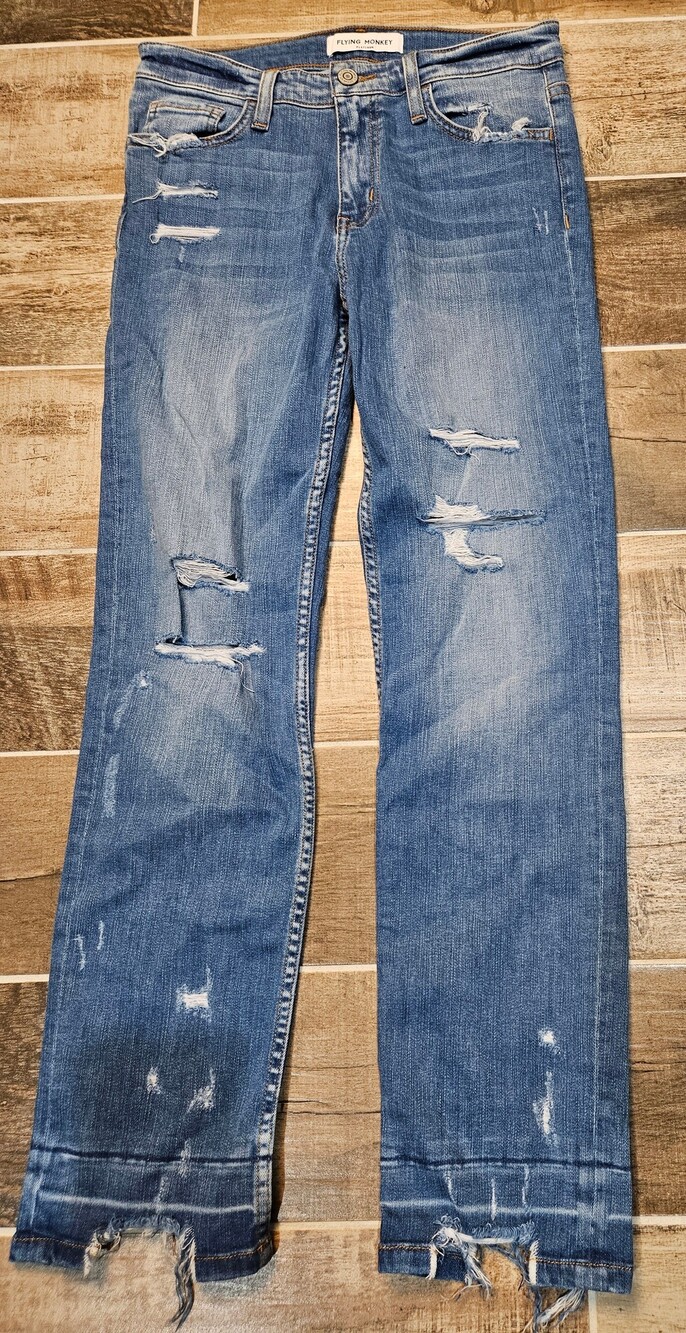Flying Monkey Platinum Jeans Womens 27 Blue Distressed Raw Hem Straight Y2743